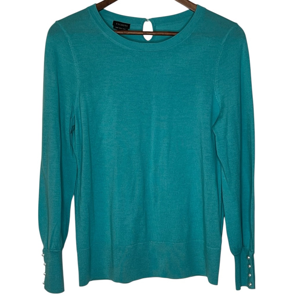 Talbots 100% Merino Wool Teal Crew Neck Sweater Pearl Buttons Keyhole Back Sz M